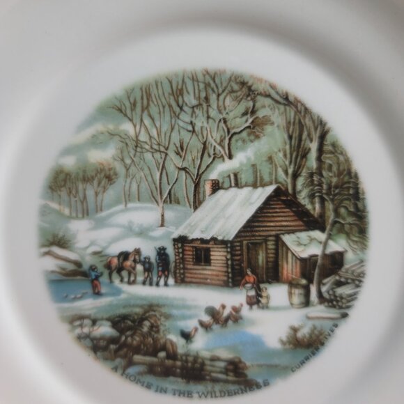 TWO Harker Pottery Currier and Ives Bread Plates Wilderness Feeding the Chickens - Picture 3 of 14